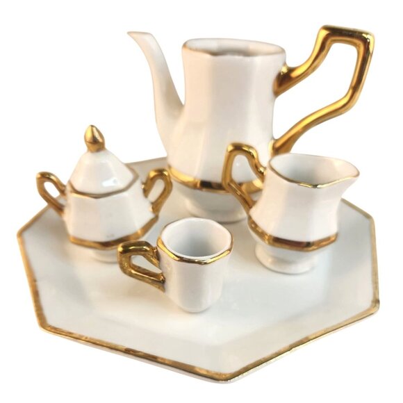 Miniature Formalities Baum Bros Dollhouse Tea Set White & Gold Porcelain Accent - Picture 2 of 12